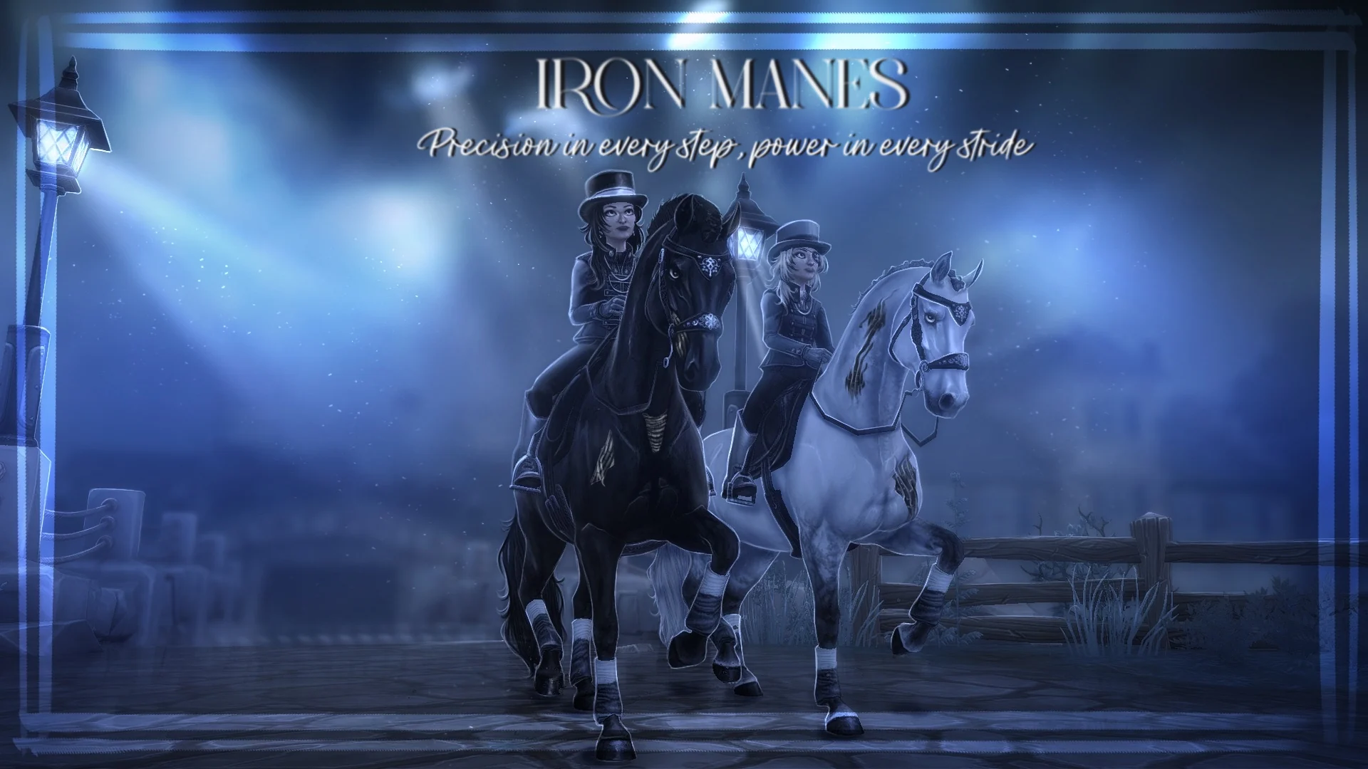 Three Iron Manes riders in a blue night scene