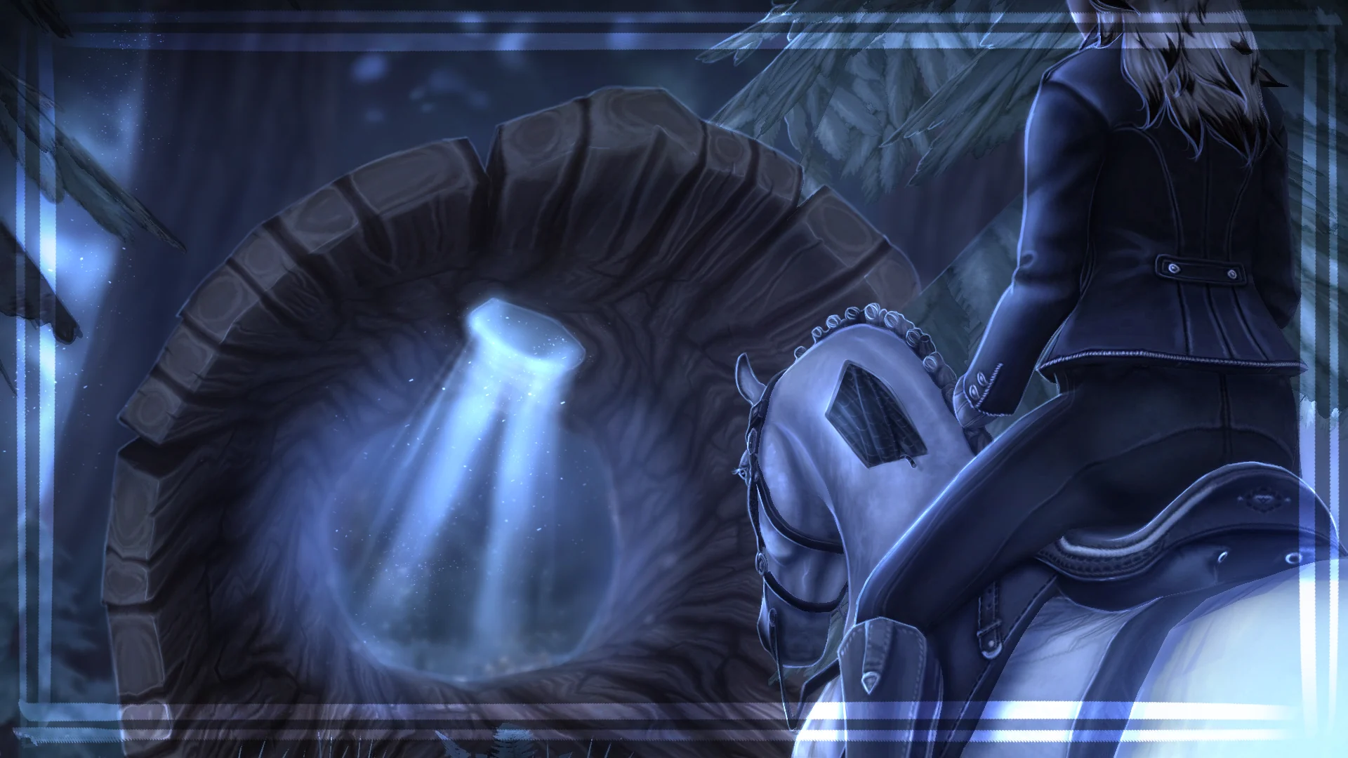 Iron Manes rider and horse beside an illuminated stone portal