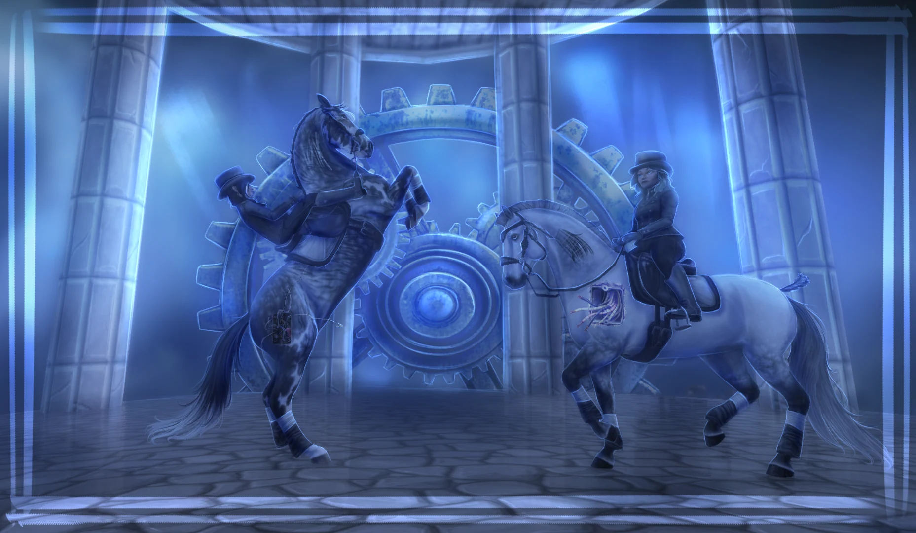 Two Iron Manes riders in a mechanical portal scene