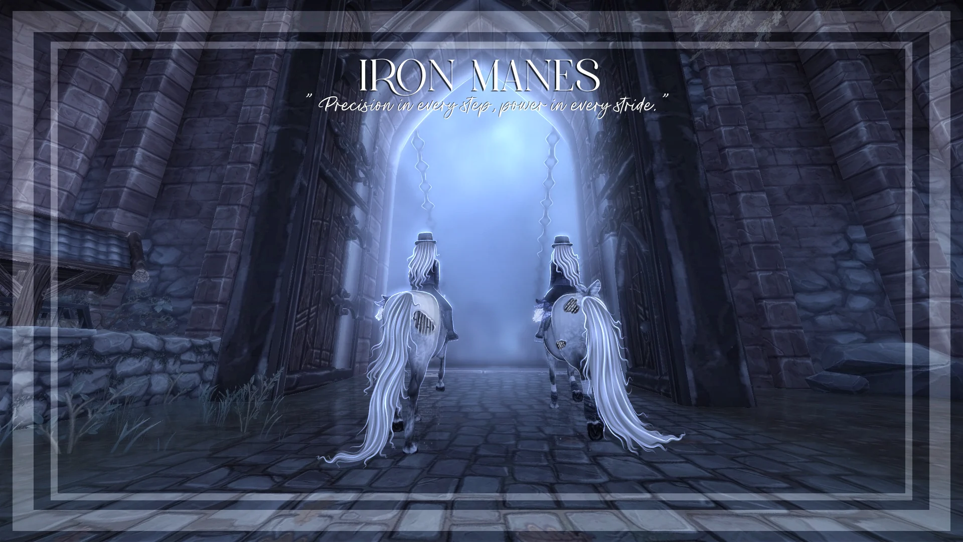 Two Iron Manes riders on white horses beneath a stone arch